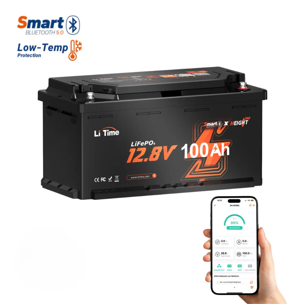 LiTime 12V 100Ah H190 Lithium-Batterie mit Bluetooth - Wohnmobil Untersitz, DIN H8 L5 Größe